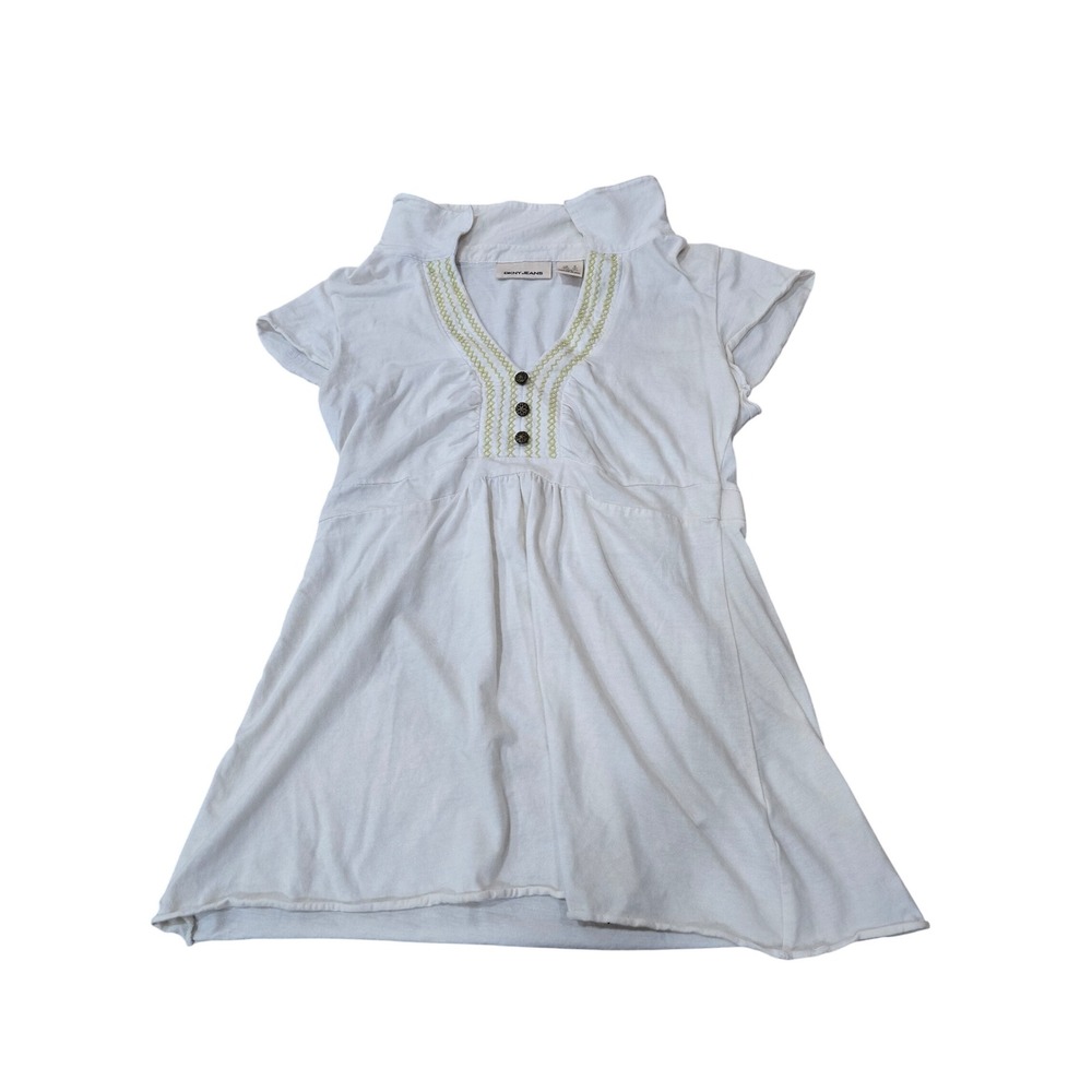DKNY Jeans‎ Y2k Top White Embroidered Casual Short Sleeve babydoll